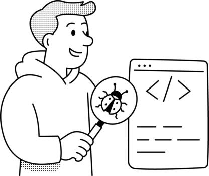 Developer locating a software bug within source code on a screen. vector