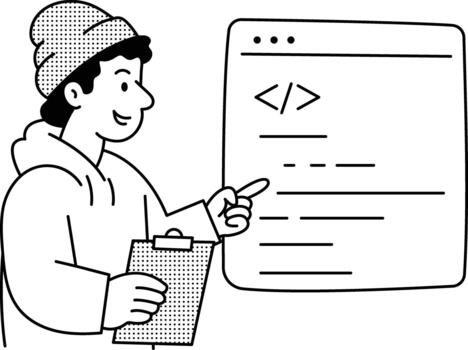 Developer examining source code to identify syntax mistakes. vector