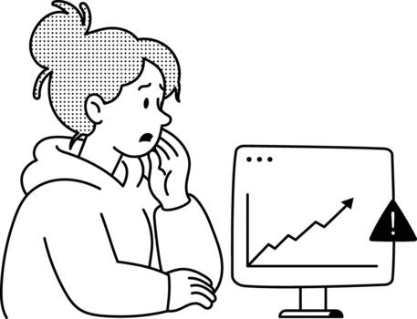 Developer analyzing rising memory usage and a system warning graph. vector