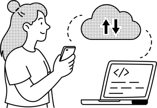 Developer synchronizing source code between cloud storage and a laptop. vector