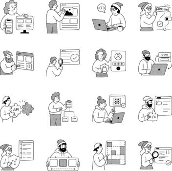 Line illustrations covering responsive interfaces, web coding, authentication, servers, layouts, version control, and CSS development. vector
