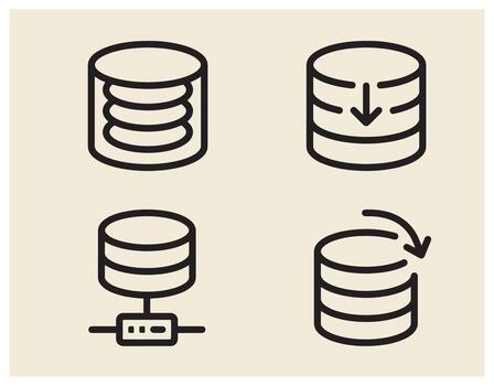 Data processing and server management flat line icon set for database administration with database processing administration technology computing management information vector