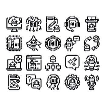 Artificial intelligence bot technology processing data icon set vector