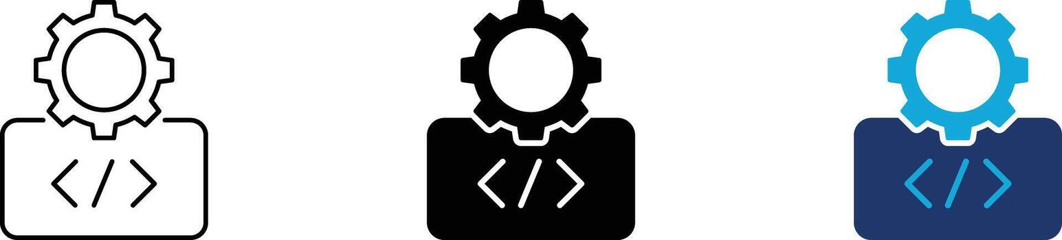 web desarrollo y programación icono colocar. código mejoramiento, engranaje ajustes, software ingeniería, web edificio, backend desarrollo, algoritmo configuración, tecnología mantenimiento, personalizado codificación vector