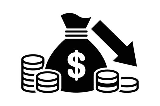 dinero bolso con monedas y hacia abajo flecha, Finanzas disminución concepto. vector