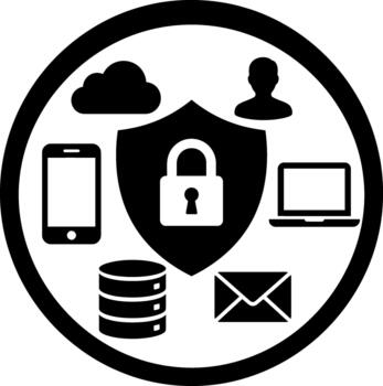 Data security shield icon with network devices vector