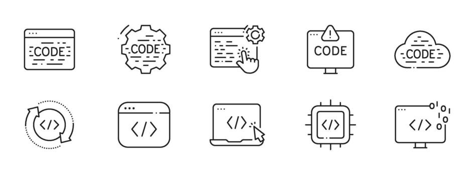 Clean programming icon set for coding, software development, web apps, API, cloud, DevOps, debugging, workflow, AI, , editable stroke vector
