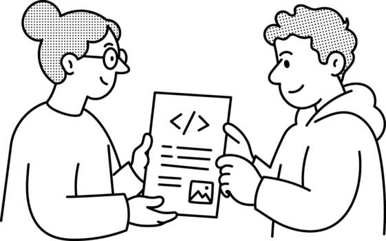 Designer and developer exchanging code files and interface specifications. vector