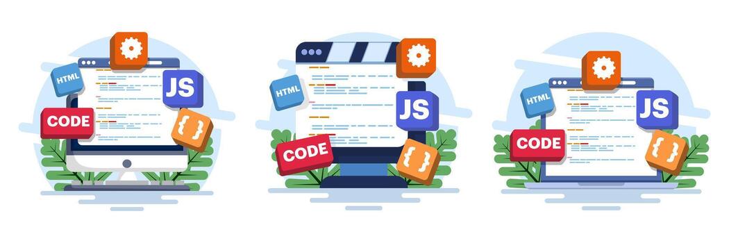 plano moderno ilustración conjunto de computadora programación, Java y html codificación, web diseño, software desarrollo, solicitud diseño, programación idiomas, sitio web edificio y tecnología vector