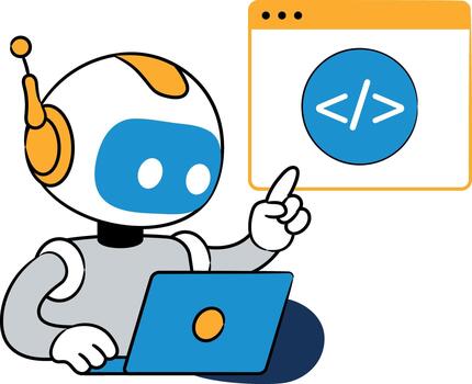Robot programming automated code on a digital computer screen. vector
