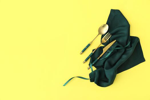 Basic Table Setting on Solid Yellow Background photo