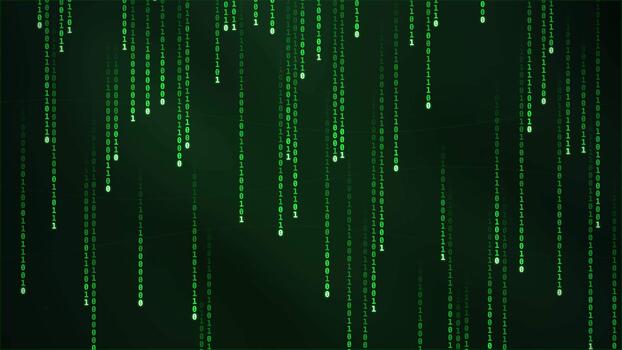 verde binario código que cae a través de oscuro ciberespacio Terminal. digital tecnología la seguridad cibernética cifrado Procesando matriz algoritmo datos corriente para virtual red computadora software sistema animación. video