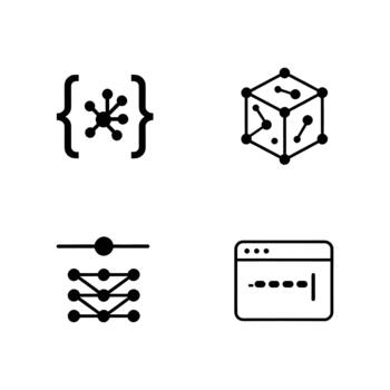 Software Coding Data Science Interface Line Icon Set - Code Syntax, 3D Wireframe Cube, Data Pipeline Sliders, and Browser Password Elements vector