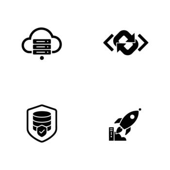 Cloud Computing Data Security DevOps Glyph Icon Set - Server Cloud, Data Exchange, Secure Database Shield, and Rocket Launch Elements vector