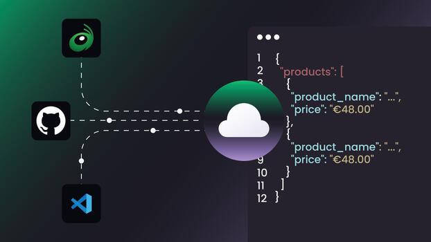 nube desarrollo flujo de trabajo con json datos, github y código editor vector