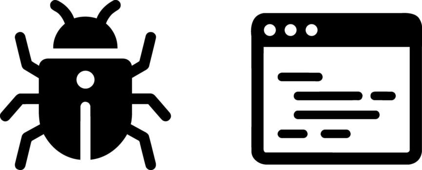 Black software bug and computer code window icons for web development and programming vector