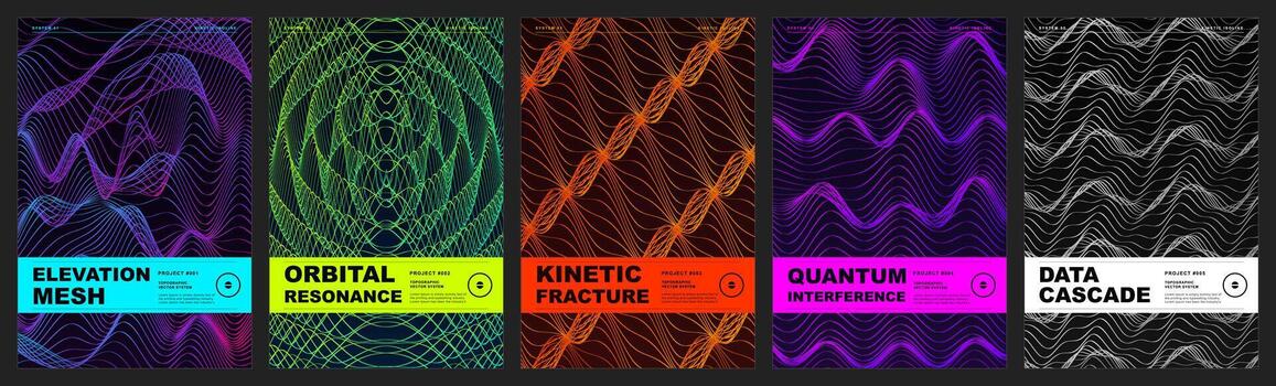 Futuristic waveform data visualization poster set vector