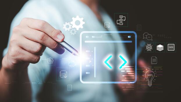 software ingeniero desarrolla ai codificación, software desarrollo, solicitud programación, automatización, fuente código, datos integración, nube informática, sistema arquitectura para escalable digital soluciones foto