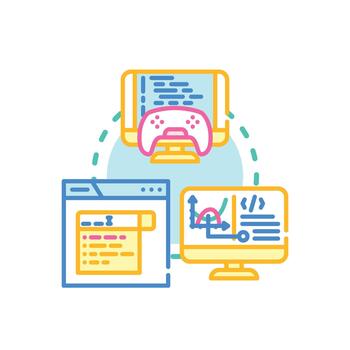 Software programming language development process with coding screens vector
