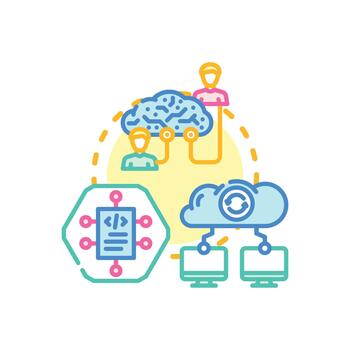 Developers collaborating on distributed code using cloud computing vector