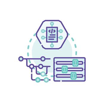 Managing software. features development and deployment process looks vector