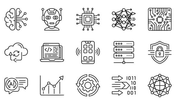 artificial inteligencia, máquina aprendiendo, nube informática, la seguridad cibernética, datos análisis, programación, red íconos vector