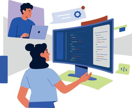 Two flat developers work together at a large dual-screen coding setup, reviewing code and interface panels while collaborating during pair programming. vector