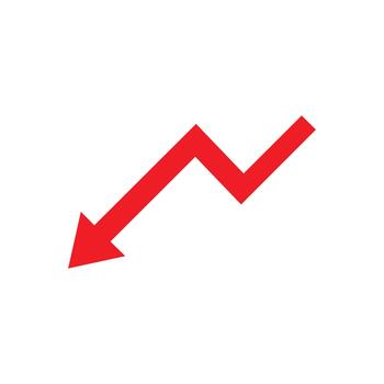 Downward trend arrow icon with red decline chart, business loss indicator, financial decrease symbol, and analytics visualization design. vector