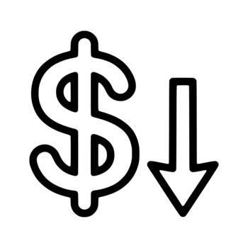 contorno monoline dólar firmar abajo flecha indicando precio disminución financiero gráfico icono vector