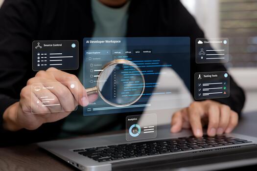 AI software development workspace with source control, code review, cloud environment, testing tools and analytics, representing programming, DevOps and software engineering workflow. photo
