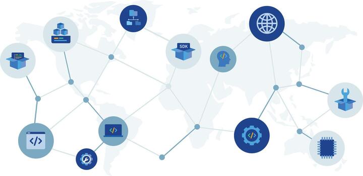 software desarrollo equipo sdk tecnología concepto con global red programación y api integración vector