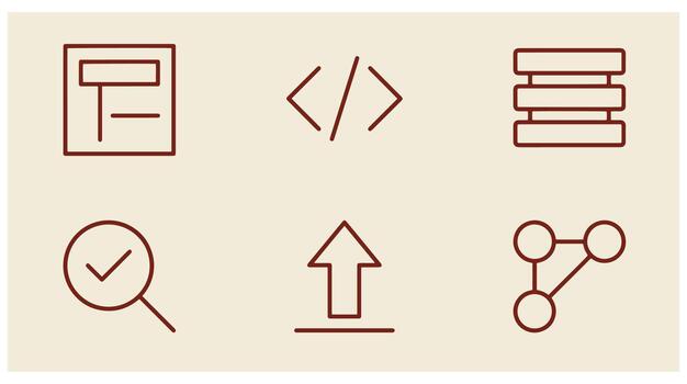 Minimalist outline icon set representing software development programming and database management with programming development database software technology computing connection vector