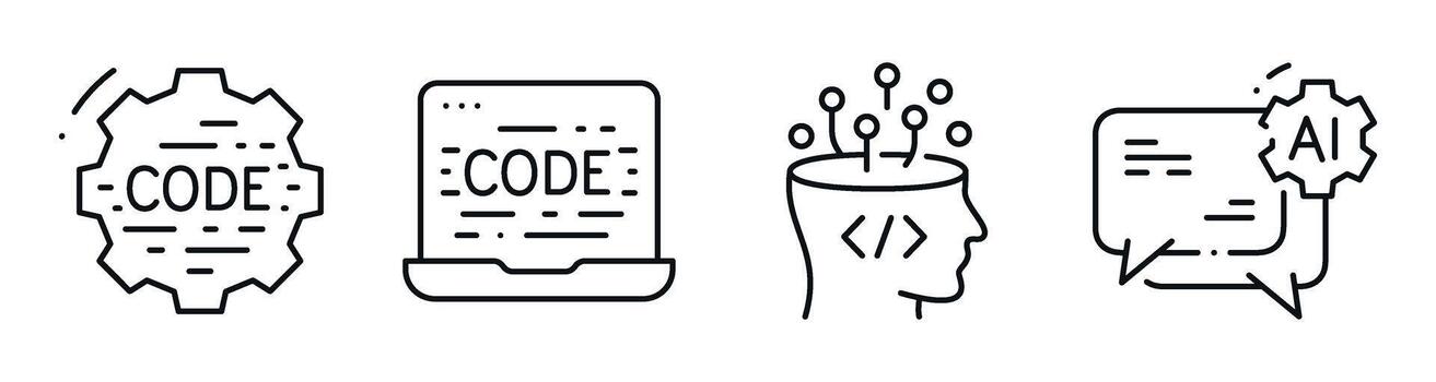 Code and ai icons representing programming and machine learning panel. Editable stroke vector