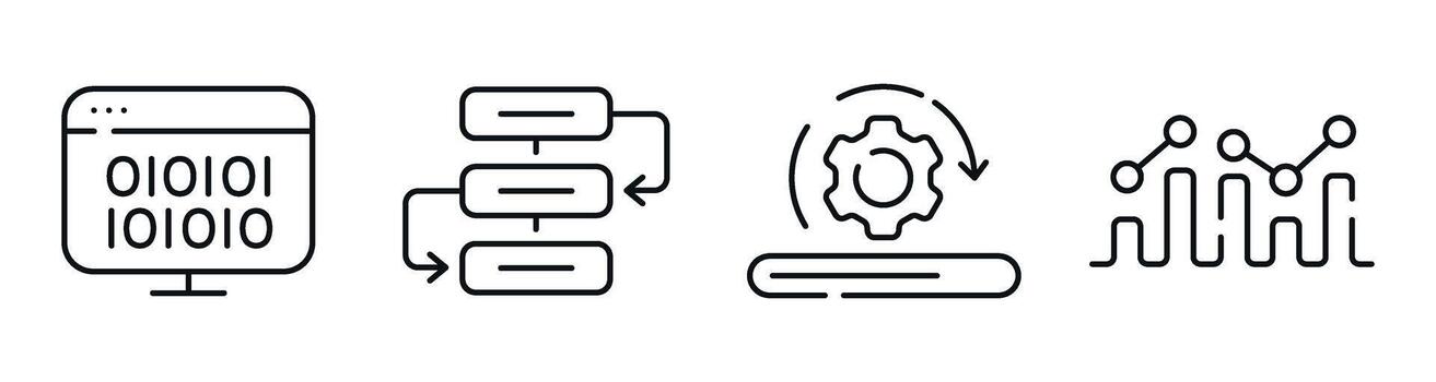 Computer icons showing data processing workflow in interface. Editable stroke vector