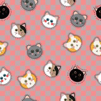Stitched patchwork cat seamless pattern background. vector