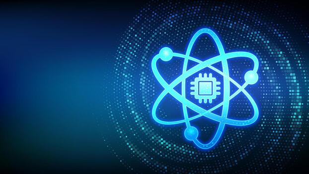 Quantum computing concept with qubit technology, quantum processor, data processing, cybersecurity and digital transformation. Quantum computing symbol with binary code. High-tech illustration. vector