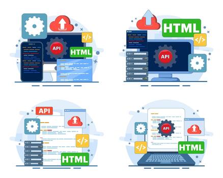 API development concept set featuring application programming interface, software communication, data exchange, coding tools, internet connectivity, networking, and system integration. vector