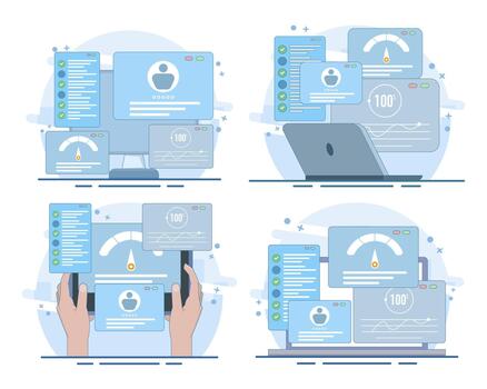 usabilidad pruebas ilustración conjunto demostración comprobación aplicación funciones, hallazgo software insectos, qa pruebas, sitio web evaluación, desarrollador flujo de trabajo, beta pruebas, y mejoramiento. vector
