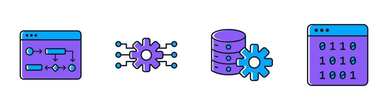Computing AI icon set collection featuring algorithm flowchart, machine learning curve, data processing gears, binary code, digital intelligence vector