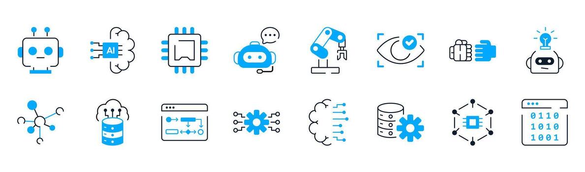 Complete AI technology icon set collection featuring robot head, AI brain, chatbot, neural network, deep learning, algorithm flowchart, binary code vector