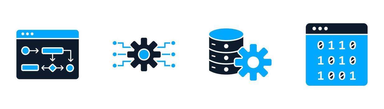Data driven AI icon set collection featuring algorithm flowchart, learning curve, spinning gears, binary code, machine intelligence vector