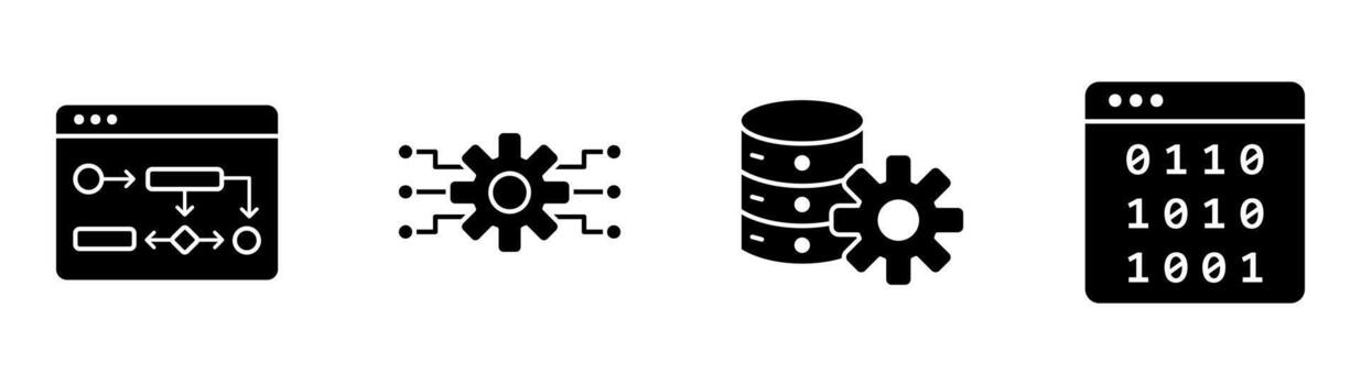 Machine learning algorithm icon set collection featuring flowchart, learning curve, data gears, binary stream, AI technology vector