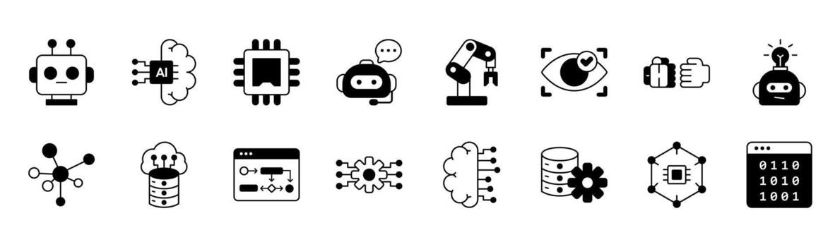 Cognitive computing icon set collection featuring robot head, AI brain, computer chip, chatbot, human robot interaction, neural network, algorithm, deep learning, binary code vector
