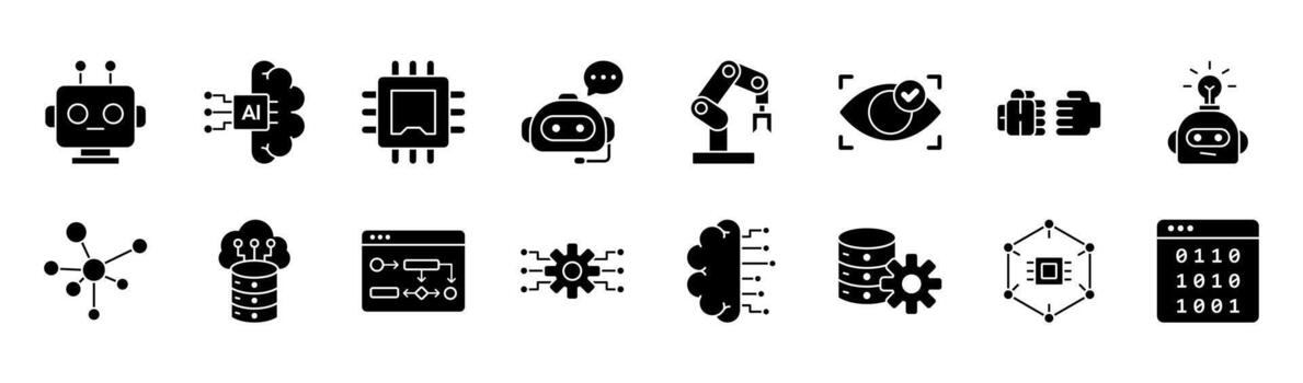 Machine intelligence icon set collection featuring robot, AI brain, scanning eye, computer chip, chatbot, neural network, data stream, algorithm, binary code vector