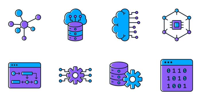 Data driven AI icon set collection featuring neural network, streaming data, deep learning layers, algorithm flowchart, learning curve, binary code, connected nodes vector