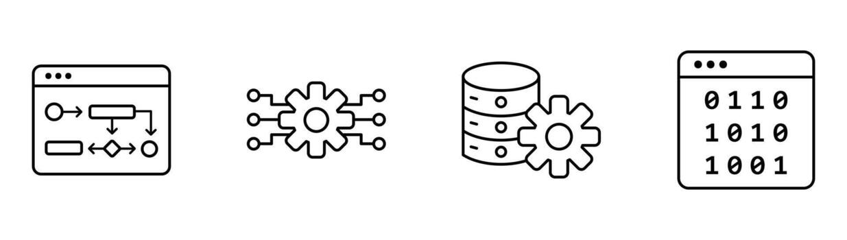 Artificial intelligence line outline icon set collection featuring algorithm flowchart, machine learning curve, data gears, binary code stream vector