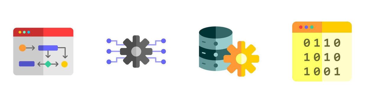 Workflow AI icon set collection featuring algorithm flowchart, learning curve, data gears, binary stream, machine intelligence vector