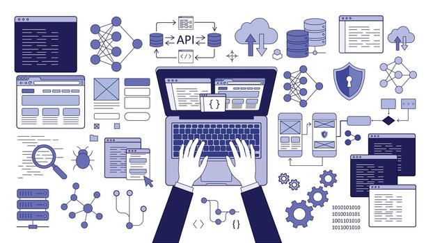 Modern Technology Web Development Workspace with Coding Cloud API and Cybersecurity vector