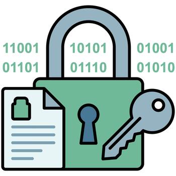Data encryption padlock with binary code and secure file document. vector