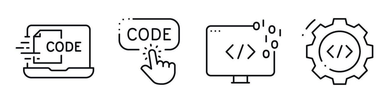 Code icons showing coding interaction on digital interface. Editable stroke vector
